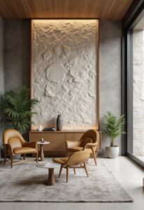 Interior wall finished with P.U stone composite panels for a natural, elegant modern look in Kenyan homes and offices.