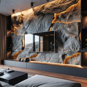 Interior wall finished with P.U stone composite panels for a natural, elegant modern look in Kenyan homes and offices.